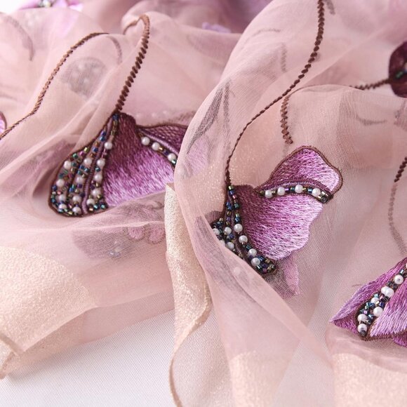 Purple Silk Cotton Scarf 70x28in Floral Embroidered Women's Shawl Wraps - Picture 2 of 4